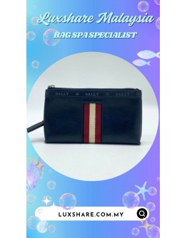 BALLY LEATHER PUCH IN BLACK WITH RES AND WHITE STRIPE (BAG SPA CLEANING, ZIP REPLACEMENT)