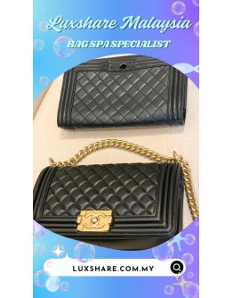 CHANEL BOY FLAP BAG IN BLACK LEATHER (BAG SPA CLEANING,COLOR TOUCH UP)