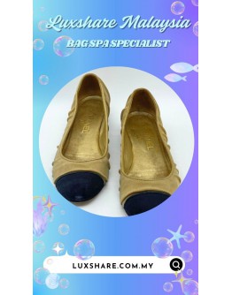 CHANEL LEATHER BALLET FALTS IN BEIGE AND BLACK (SPA CLEANING,TREATMENT AND CARE)