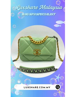 CHANEL 19 SMALL LAMBSKIN LEATHER HANDBAG IN PISTACHIO GREEN HUE (BAG SPA CLEANING,TREATMENT AND CARE)