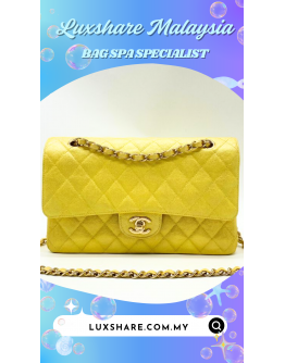 CHANEL CLASSIC MEDIUM DOUBLE FLAP IN METALLIC YELLOW" NANO RESTORE AND TREATMENT LEATHER"