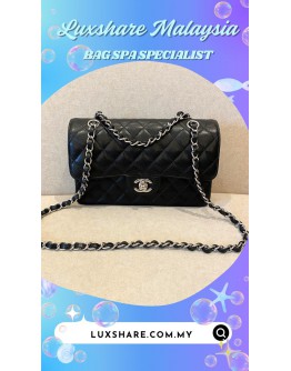 CHANEL BLACK CAVIAR LEATHER CLASSIC MEDIUM DOUBLE FLAP SLIVER CHAIN BAG "NANO RESTORE AND BAG SPA"