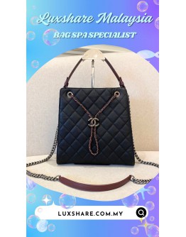 CHANEL QUILTED MEDIUM CC BUCKET BAG WITH CHAIN STRAP IN BLACK CAVIAR LEATHER AND MAROON CALFSKIN LEATHER'' LEATHER REPLAMENT AND NANO RESTORE''