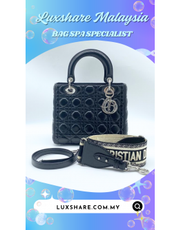CHRISTIAN DIOR LADY DIOR MEDIUM IN BLACK LAMBSKIN LEATHER WITH SILVER HARDWARE INCLUDES WITH TWO STRAP LEATHER AND CANVAS" HARDWARE POLISH AND BAG SPA SERVICE"