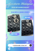 CHRISTIAN DIOR LADY DIOR MEDIUM IN BLACK LAMBSKIN LEATHER WITH SILVER HARDWARE INCLUDES WITH TWO STRAP LEATHER AND CANVAS" HARDWARE POLISH AND BAG SPA SERVICE"