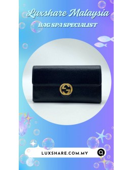 GUCCI INTERLOCKING LONG WALLET IN BLACK LEATHER (BAG SPA CLEANING, GOLD PLATED)