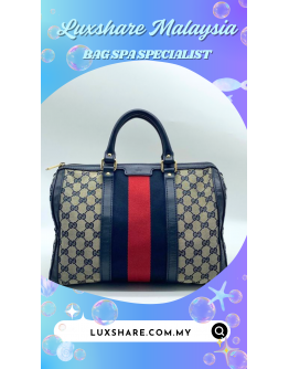 GUCCI BOSTON BAG IN GG CANVAS AND BLUE LEATHER TRIM "NANO RESTORE AND BAG SPA SERVICE"