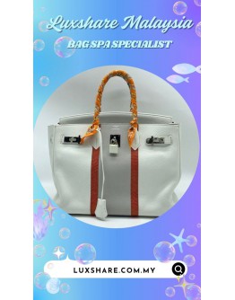 HERMES BIRKIN 35 CLUB BAG IN WHITE CLEMENCE LEATHER WITH SANGUINE LIZARD STRIPES (BAG SPA CLEANING,HANDLE REPLACEMENT)