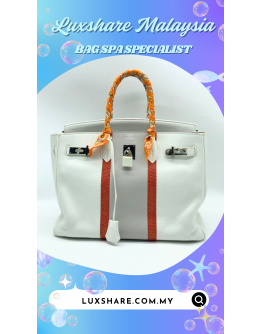 HERMES BIRKIN 35 IN WHITE TOGO LEATHER WITH PALLADIUM HARDWARE AND TWO TWILLY TIE ON HANDLE " BAG SPA SERVICE AND TREATMENT LEATHER"