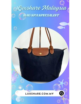 LONGCHAMP NAVY BLUE SHOULDER TOTE BAG WITH BROWN HANDLE (BAG SPA CLEANING,TREATMENT&CARE)