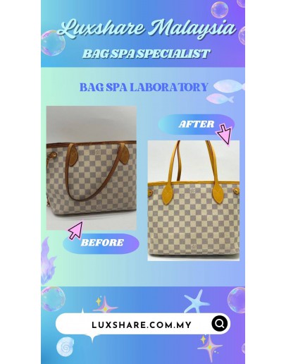 LOUIS VUITTON NEVERFULL PM BAG IN DAMIER AZUR CANVAS (BAG SPA CLEANING,  VACHETTA LEATHER REPLACEMENT)