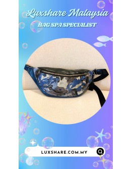 KARL LAGERFELD JEANS GRAFFITI-PRINT BELT BAG IN BLUE (NANO RESTORATION,HARDWARE POLISH)