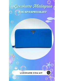 PRADA COBALT BLUE SAFFIANO LEATHER LONG ZIP AROUND WALLET (BAG SPA CLEANING,NANO RESTORATION)