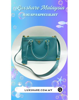 PPRADA GALLERIA SMALL DOUBLE ZIPTOTE BAG IN BLUE (BAG SPA CLEANING, OIL EDGE ON BAG TAG PART)