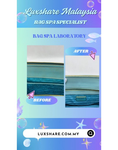 PPRADA GALLERIA SMALL DOUBLE ZIPTOTE BAG IN BLUE (BAG SPA CLEANING, OIL EDGE ON BAG TAG PART)