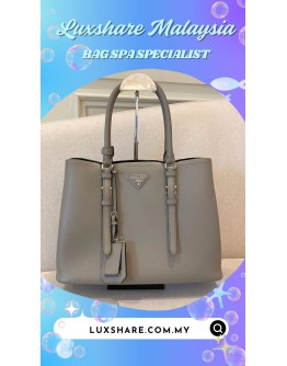 PRADA IN LIGHT GREY SAFFIANO LEATHER CUIR TWIN TOTE BAG WITH STRAP"TOUCH UP AND BAG SPA SERVICE"