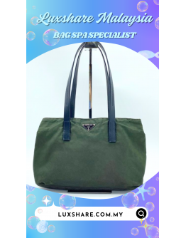 PRADA TOTE BAG IN DARK GREEN NYLON AND BLACK LEATHER " LEATHER REPLACEMENT AND BAG SPA SERVICE"