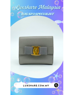 SALVATORE FERRAGAMO VARA BOW COIN PURSE IN GREY " BAG SPA SERVICE AND TREATMENT LEATHER"
