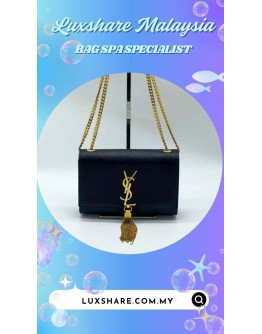 SAINT LAURENT KATE HANDBAG IN BLACK WITH GOLD CASSANDRE LOGO PLAQUE AND TASSEL (BAG SPA CLEANING,TREATMENT&CARE)
