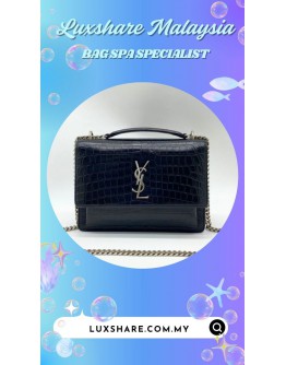 SAINT LAURENT SUNSET HANDBAG IN CROCODILE-EMBOSSED LEATHER (BAG SPA CLEANING,COLOR TOUCH UP)