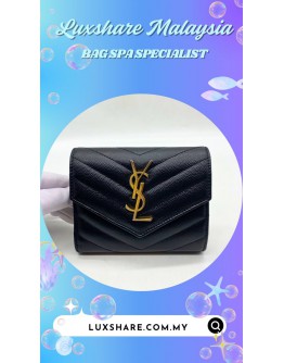 SAINT LAURENT MONOGRAM COMPACT TRI-FOLD WALLET (BAG SPA CLEANING, STICK BACK CORNER LEATHER PART)