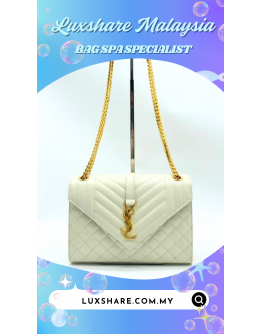 YSL YVES SAINT LAURENT ENVELOPE CHAIN BAG IN WHITE GRAINED CALF LEATHER AND GOLD HARDWARE "DEEP CLEANING AND BAG SPA SERVICE"